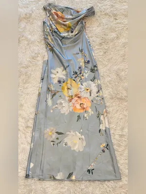 NEW After Six Liv Floral Print One-Shoulder Blue Mist Multi Gown Sz M thumbnail 4