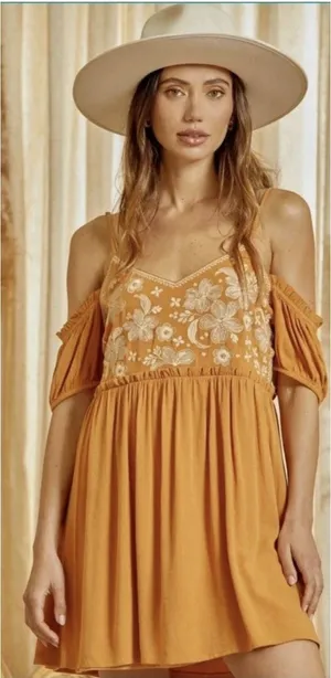 Savanna Jane Embroidered Cold Shoulder Marigold Dress, Size M Nwt thumbnail 1