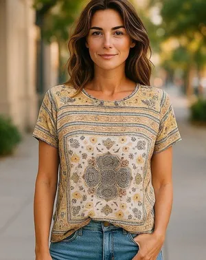 LUCKY BRAND Boho Brown & Cream Bohemian T-Shirt Top ~ Women's Size SMALL thumbnail 1