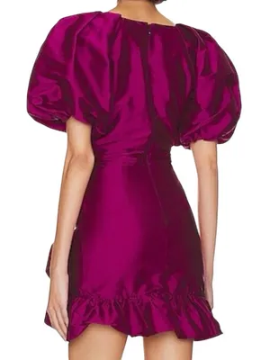 MISA Los Angeles - NWT Magenta Taffeta Puff Sleeve Ruffle Mini Dress Sz M thumbnail 3