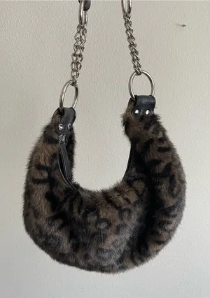 Leopard Print Faux Fur Shoulder Bag with Chain Strap - Brown thumbnail 1