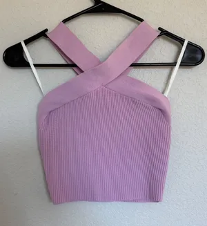 Babaton Sculpt Knit Criss Cross Tank Top Lavender Purple Ribbed Crop XS thumbnail 1
