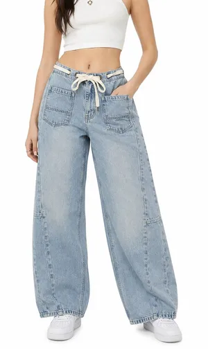 Forever 21 Barrel Jeans Size 25 Light Wash Lace Up Waist Y2K Denim NWT thumbnail 1