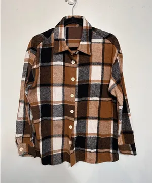 Womens Brown Plaid Button Down Shacket Oversized Flannel Shirt Jacket L thumbnail 1