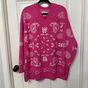 American Eagle pink crewneck oversized sweater paisley western size medium‎ thumbnail 2