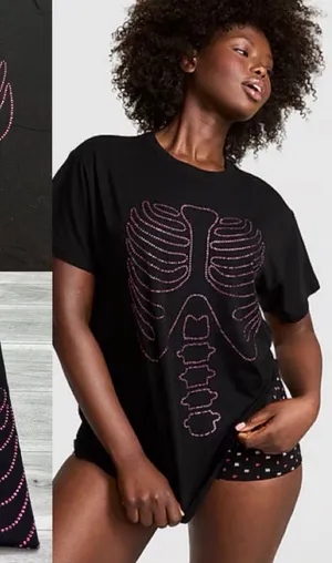 PINK Victoria's Secret Black Tee with Pink Studded Ribcage Graphic L thumbnail 1