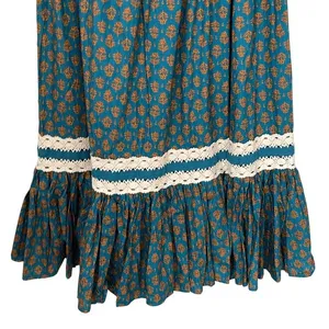 Luna Moon Tiered Maxi Skirt Teal Orange Floral Lace Trim Boho Festival‎ Medium thumbnail 6