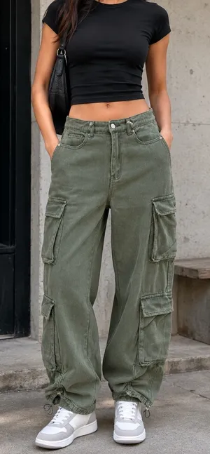 PrettyLittleThing High Rise Utility Cargo Pants Women Size 6 Green thumbnail 1