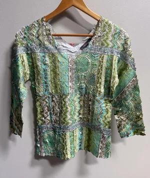 Vintage Y2K‎ Crinkle Mesh Patchwork Top Artsy Boho Festival Stretch Fairy Glam thumbnail 1