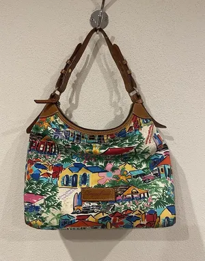 Dooney & Bourke Hobo Bag Womens Medium Multicolor Tropical Canvas Leather Purse thumbnail 1