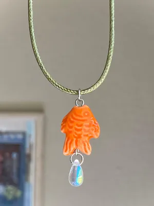 unique funky cute blue ceramic fish & Czech glass teardrop necklace⭐️🐟💕 thumbnail 7