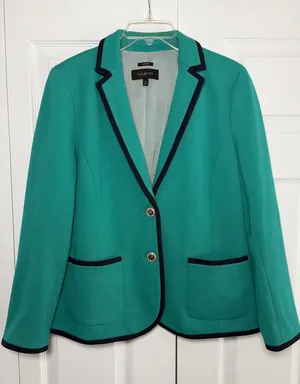 Talbots Aberdeen Knit Blazer Womens Size 10 Green Navy Trim Career Cotton Blend thumbnail 1
