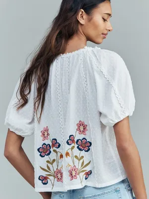 Anthropologie Embroidered Puff Sleeve Swing Blouse Boho Cotton Top Size XS thumbnail 9