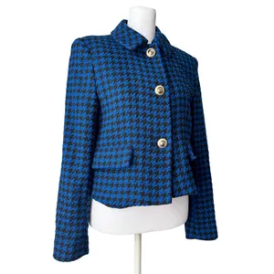 Zara Royal Blue & Black Houndstooth Collared Cropped Jacket w/ Gold Buttons thumbnail 4