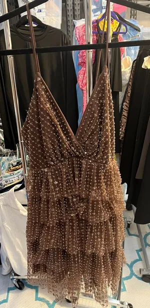 Chocolate Brown Sequin Tiered Ruffle Mini Dress V-Neck Adjustable‎ Straps thumbnail 1