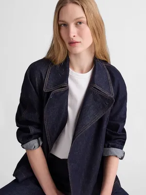 Madewell Denim Double-Breasted Crop Trench Coat Rinse Wash Rigid Size S NWT thumbnail 3