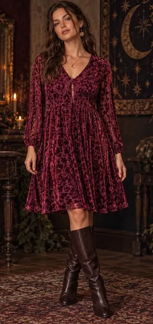Tommy Hilfiger Burnout Velvet Dress Sz 6 Whimsigoth Burgundy Sheer Romantic Goth thumbnail 1