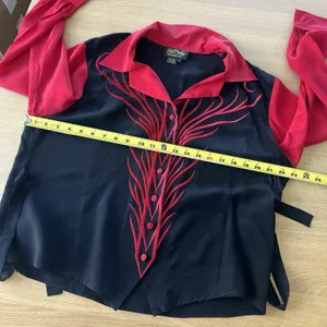 Vintage Bob Mackie 100% Silk Blouse Black Red Western Embroidered Flames 90s L thumbnail 11