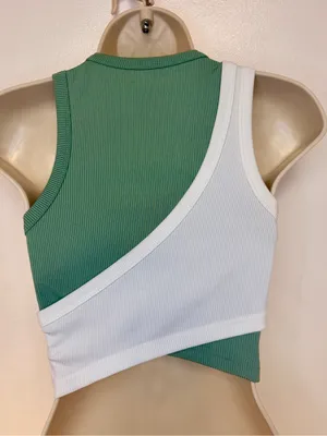 Fresral Ribbed Colorblock Wrap Crop Tank Top Sage Green White Size Small S thumbnail 5
