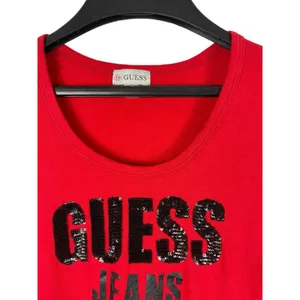 VTG 90s 2000s Y2K Red Cap Sleeve Guess Embellished Beaded Logo Tee Top S thumbnail 3