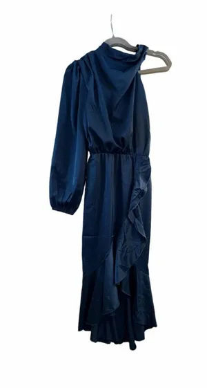 NEW Blue Satin Formal 1 Shoulder Stand Collar Wrap Dress Mermaid S thumbnail 1