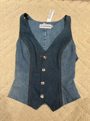 EB Denim Ava Vest Dark Wash Two Tone Denim Button Front Size S NWT thumbnail 1