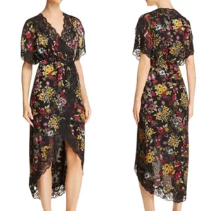 Alice + Olivia Adele Floral Wrap Midi Dress with Lace Trim Black Size 2 thumbnail 4