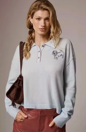 Anthropologie PILCRO The Jensen‎ Cashmere Crop Polo Sweater Soft Sea Dog X-Small thumbnail 1