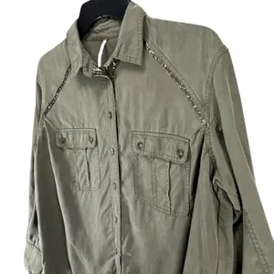 Free People Off Campus Shirt Womens XS Moss‎ Green Tencel Metallic Boho Utility thumbnail 3