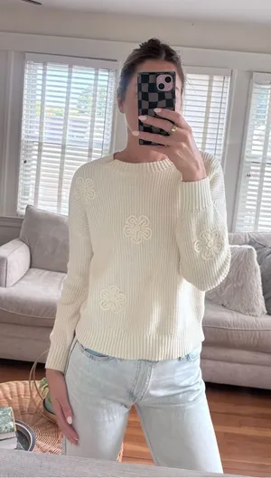 Laura Ashley Floral Appliqué Sweater – Size Small – Cream Cotton Blend thumbnail 1
