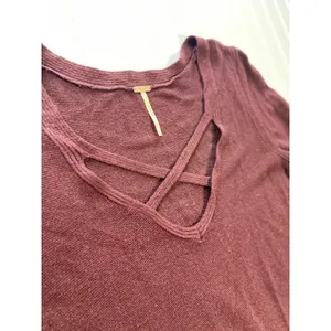 Free‎ People Andy Midnight Tunic Sweater Burgundy Crisscross V-Neck Ribbed Large thumbnail 6