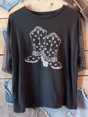 Black Western Rhinestone Graphic Top Metal Mesh Sleeves Country Medium thumbnail 11