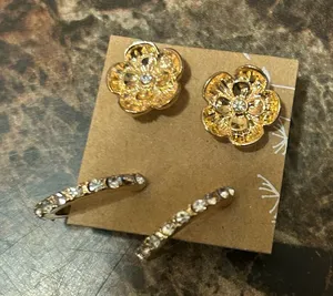 Gold tone Flower Earrings with rhinestone accents set of two pairs thumbnail 1