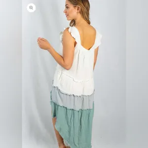Colorblock Tiered High-Low Midi Dress White Gray Sage Pockets White Birch 1X thumbnail 9