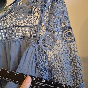 NEW Indigo Rose Delicate Dusty Blue Crochet Women's Top 3/4 Sleeves size Small thumbnail 3