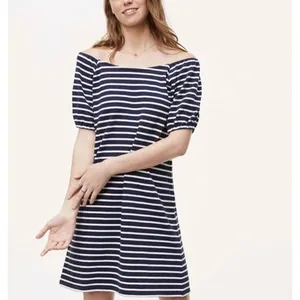 LOFT M Blue Striped Puff Sleeve Shift Knit‎ Dress Mini Nautical Coastal Preppy thumbnail 2