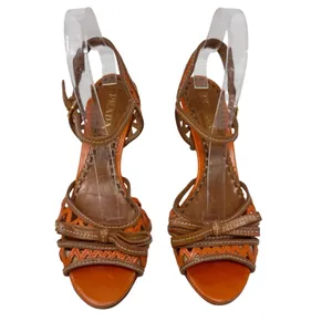 Prada Vintage Y2K Leather Strappy Sandals Zigzag Bow Cognac 38.5 thumbnail 2