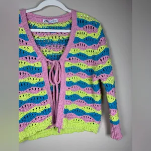 Zara Chunky Crochet Striped Front Tie Cardigan Retro Boxy Vibrant Y2K Sz M thumbnail 13
