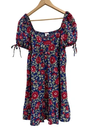 Pepper Floral Puff Sleeve Mini Dress Blue Red Smocked Back Coquette Size L thumbnail 1