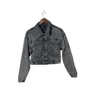 Windsor Women Small Acid Wash Denim‎ Gray Jacket Grunge Punk Biker Distressed thumbnail 2