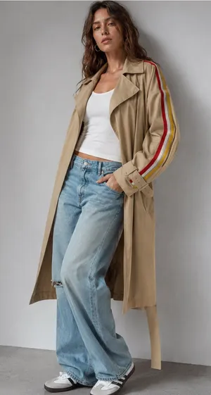 Zara TRF Beige Striped Belted Beige Trench Coat Utility Streetwear Duster Jacket thumbnail 1