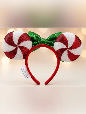 Disney Red Sequin Ears Headband with Green Bow and White & Red Peppermint Ears thumbnail 2