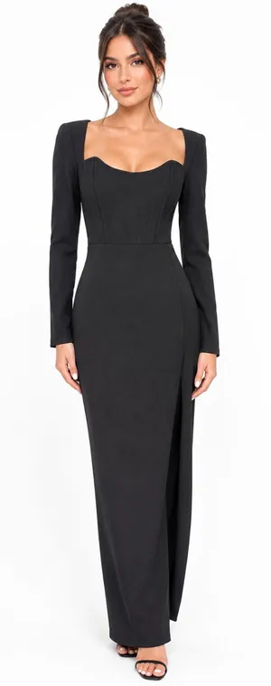 Lulus Black Long Sleeve Corset Accent Bodycon Maxi Dress Size M thumbnail 1