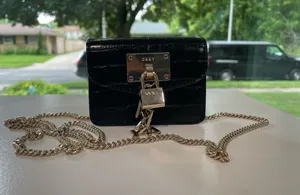 DKNY Mini Crossbody Bag | Black Croc Faux Leather w/ Gold Lock & Chain thumbnail 1
