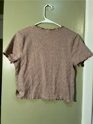 Wild Fable Women's Size XL Cropped T-Shirt V-Neck Ruffle Lettuce Edge Pink Brown thumbnail 5