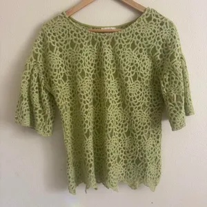 Sundance Light Sage Green Lace Embroidered Mesh Textured Short Sleeve Blouse thumbnail 1