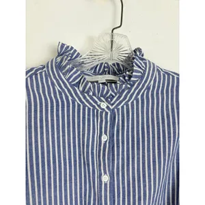 Sugarlips Button Down Shirt Blue White Striped Ruffle Neck Puff Sleeve Large thumbnail 2