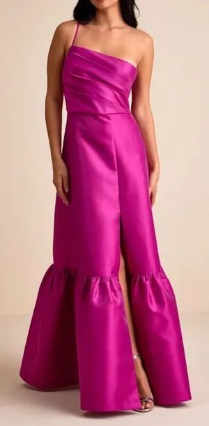 NWT Lulus Size XS Small Letha Magenta Taffeta One-Shoulder Maxi Dress Pink thumbnail 1