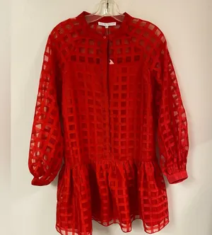 English Factory Women's Check Organza Buttoned Long Sleeves Red Mini Dress thumbnail 1