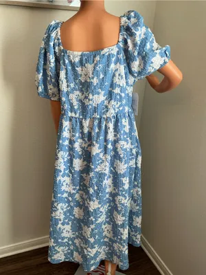 Blue & White Floral Textured Bow Front Midi Dress XXL NWT thumbnail 4